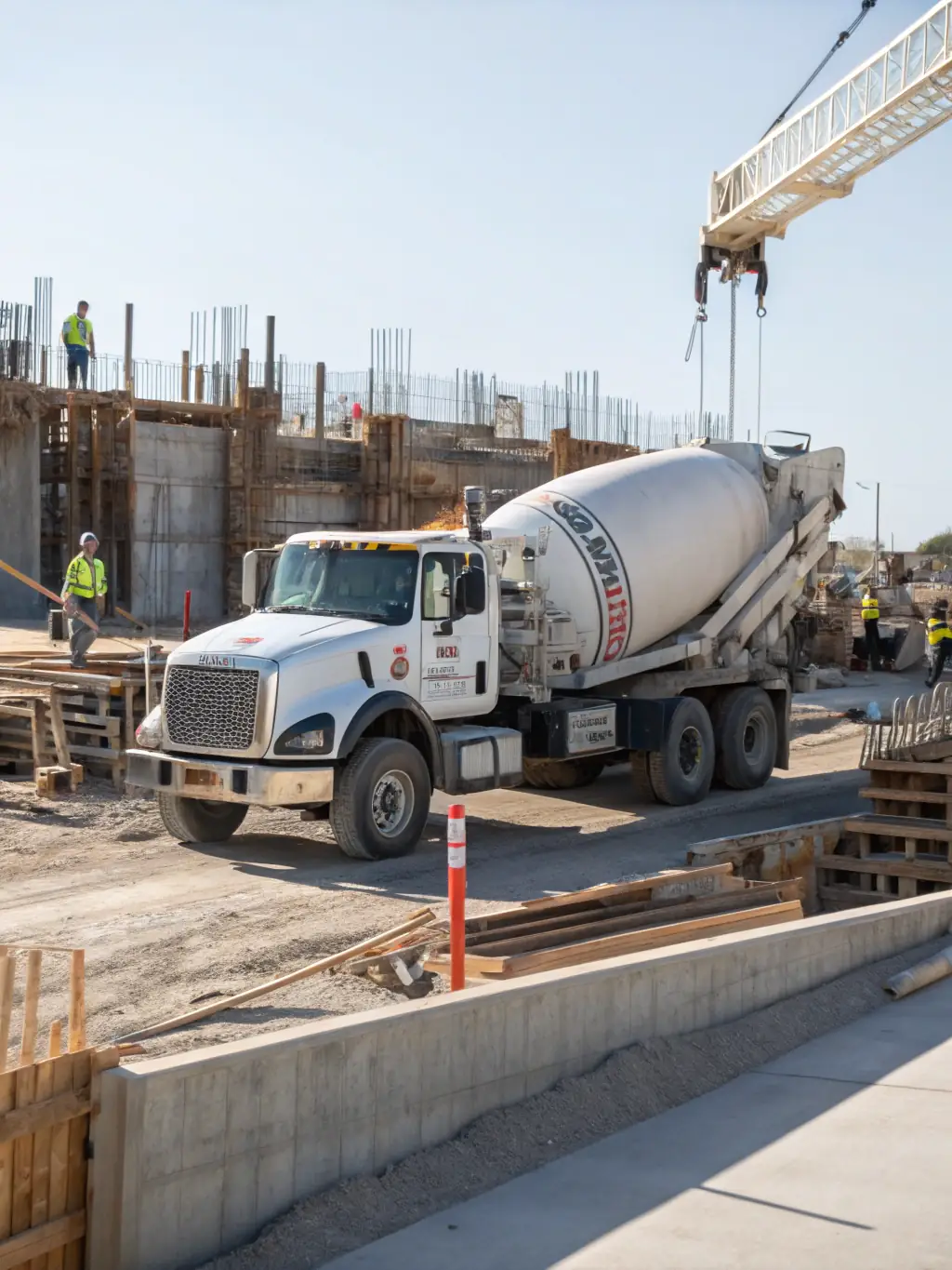A photograph of a concrete mixer truck delivering concrete to a construction site, highlighting Betonos Magyarország Zrt.'s reliable delivery services.