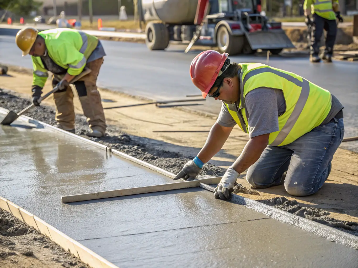 A close-up shot of freshly poured concrete being leveled on a construction site, showcasing the smooth surface and the expertise of the workers.
