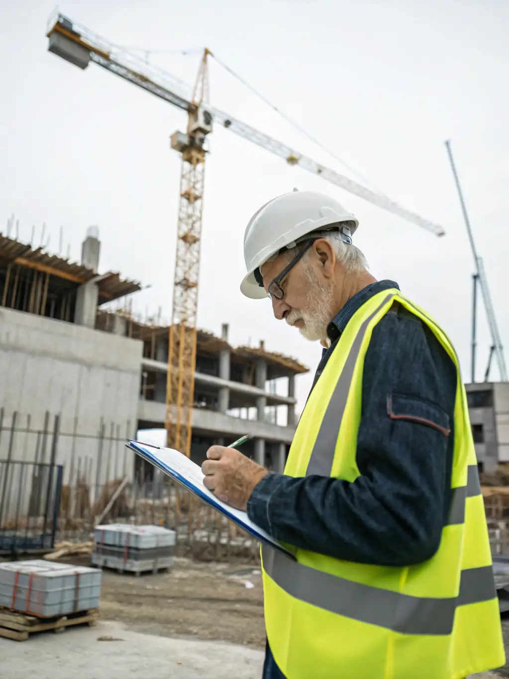 A professional consultant in a hard hat reviewing blueprints on a construction site, representing Betonos Magyarország Zrt.'s consulting services.