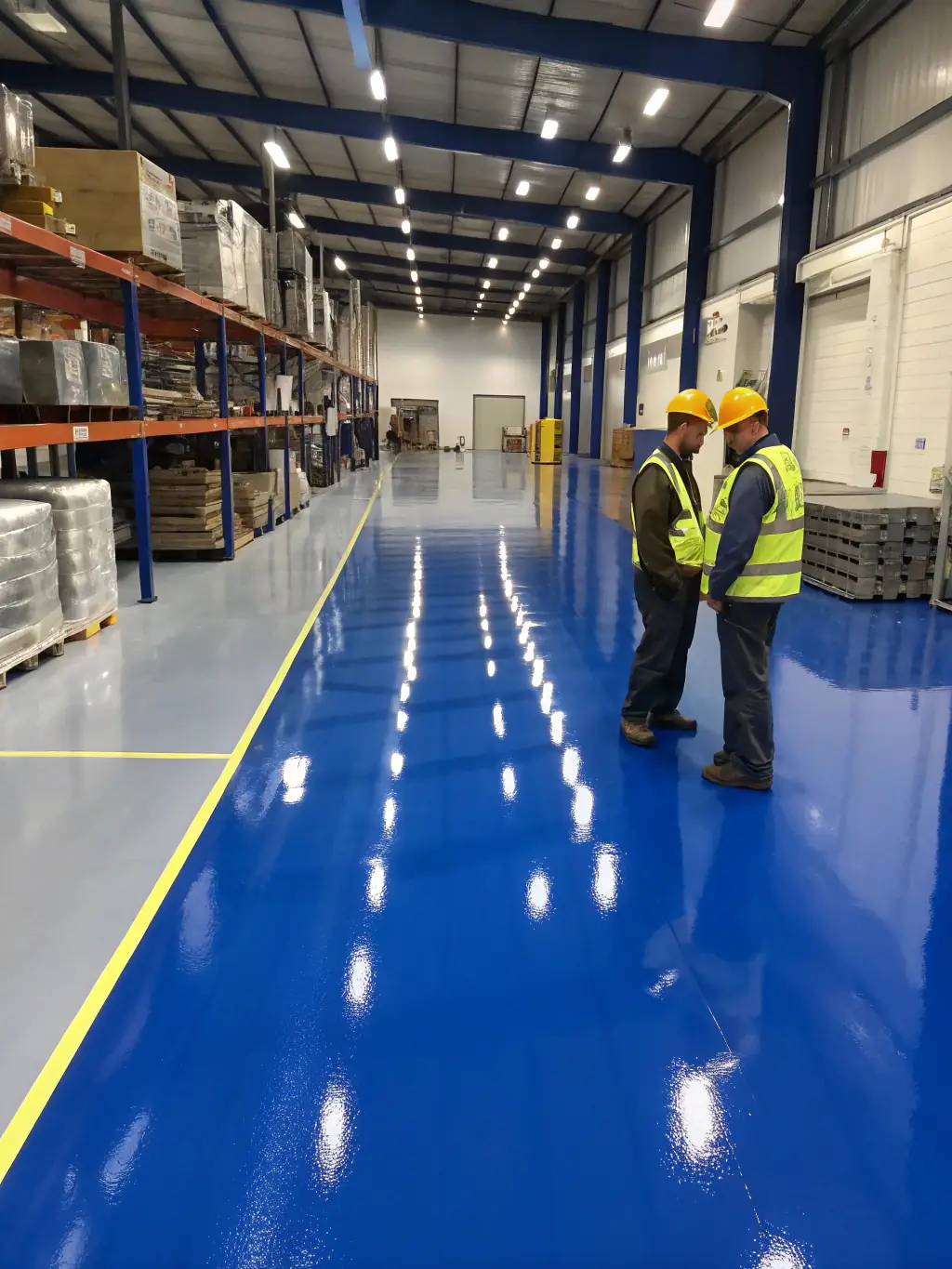 An image depicting the application of industrial flooring in a large warehouse, showcasing a smooth, durable surface achieved by Betonos Magyarország Zrt.