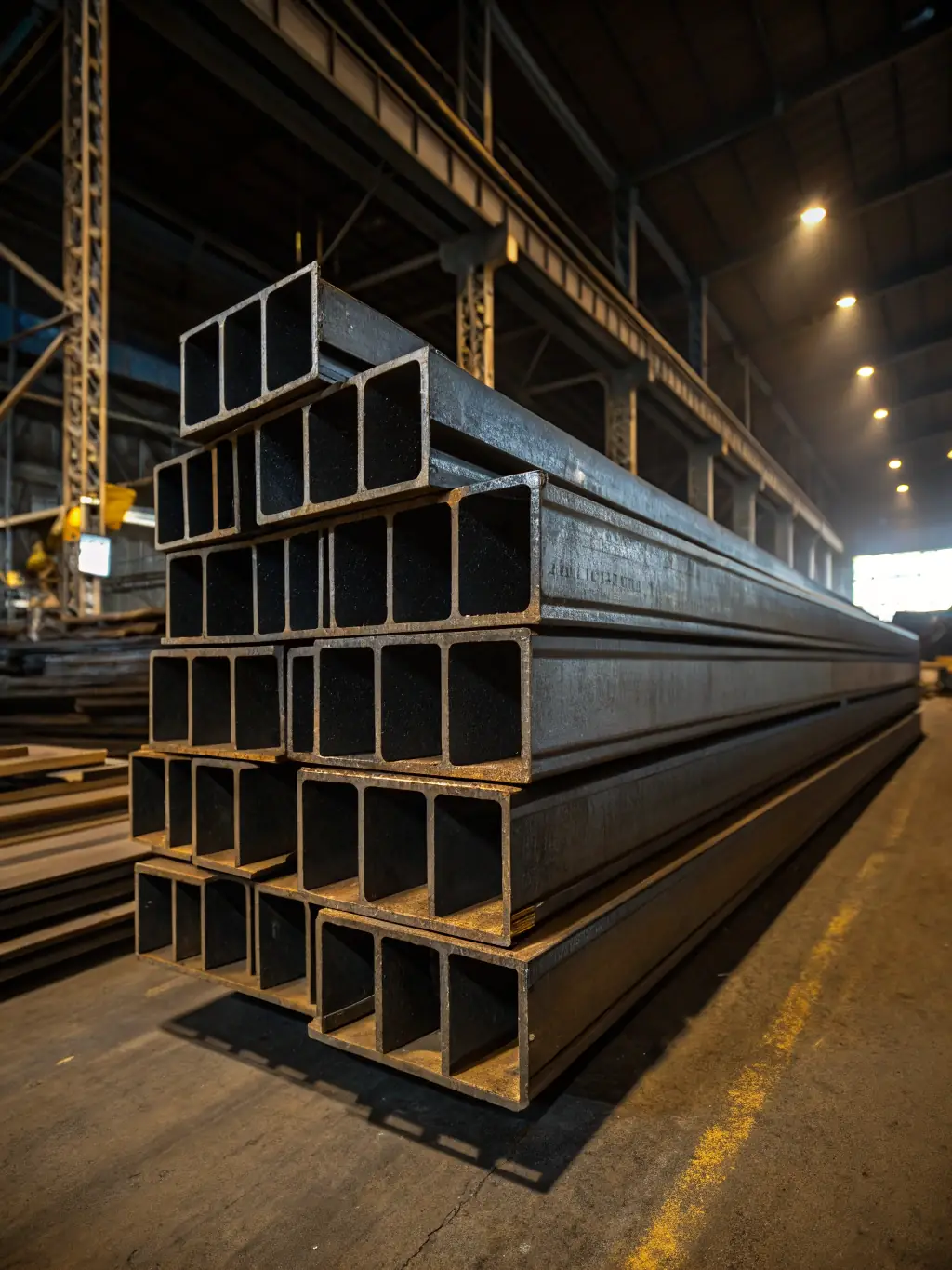 A photograph showcasing a variety of rebar sizes and configurations, neatly organized and ready for concrete reinforcement projects at a Betonos Magyarország Zrt. facility.