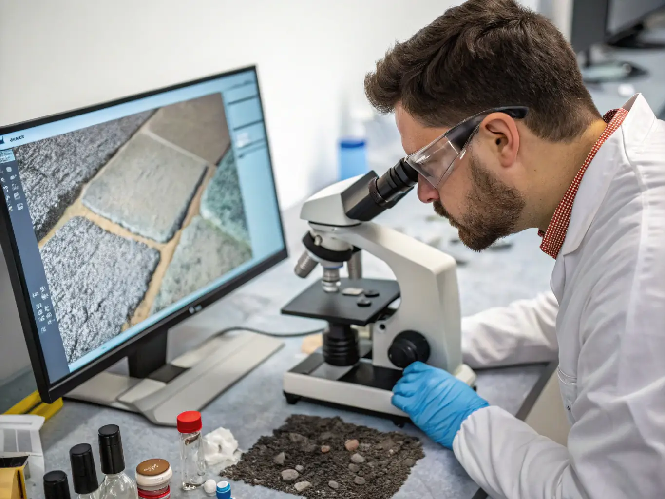 A laboratory setting with technicians testing concrete samples for strength and quality, using specialized equipment and following strict testing protocols.